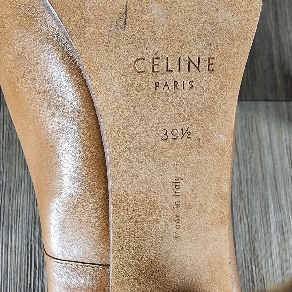 CELINE PARIS Women's Size 39.5 Tan Leather Chunky Heel Pumps Made in Italy - Picture 6 of 11
